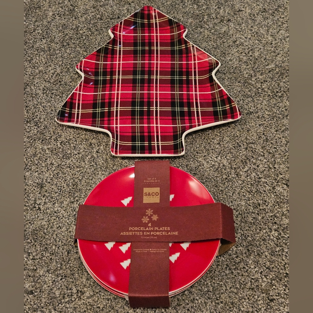 Plaid Christmas Platter & Christmas Tree Side Plates Holiday Lot